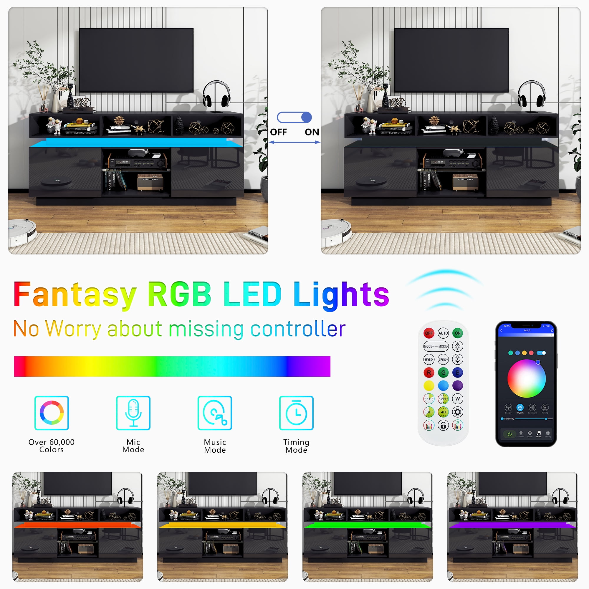 ChVans LED TV Stand for up to 70" TVs with Power Outlet, Modern Tall Entertainment Center with Storage, High Gloss Gaming TV Media Console with 2 Storage Cabinets for Living Room, Bed Room