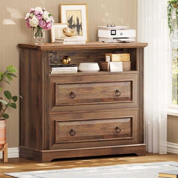Farmhouse Home Office File Cabinet, 2-Drawer Brown Wood Lateral Cabinet with Integrated Printer Stand and Storage Shelf, Fits Letter, Legal & A4 Sizes