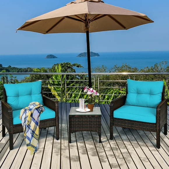 Costway Ensemble de Conversation Extérieur 3 Pcs en Rotin, Canapé et Fauteuil Rembourrés Turquoise, pour Terrasse Ou Jardin.