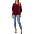 thumbnail image 2 of INSPIRE CHIC Women's Velvet Tops V Neck 3/4 Puff Sleeve Fall Winter Trendy Casual Tunic Blouse Loose T-Shirt S Wine Red, 2 of 6