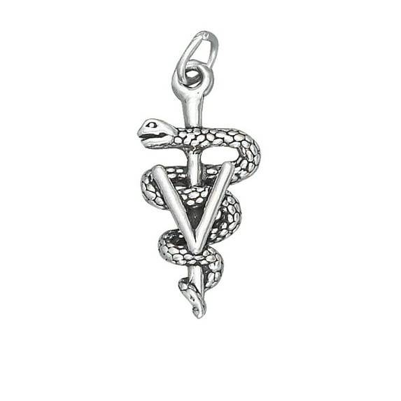 Sterling Silver 30" 1mm 3D Caduceus Snake On Cross Letter V Veterinarian Symbol Pendant Necklace