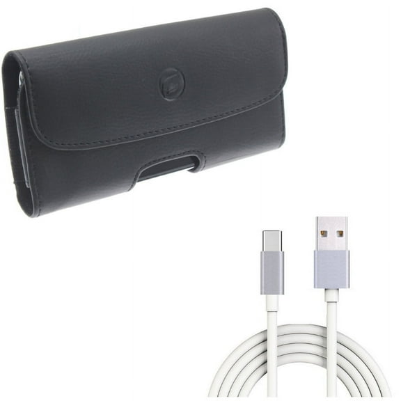 Black Leather Phone Case Side Cover Pouch w White 10ft Long Type-C Cable Rapid Charge USB Wire Sync J6Z for OnePlus 6T - Razer Phone 2 - Samsung Galaxy S9 Plus S10 Plus A50 - Sony Xperia XZ3