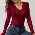 thumbnail image 7 of Royisotas Wine Women's Tops Casual Lace Splicing Long Sleeve Fall and Winter Women Blouses and Shirts Fashion V-Neck Skinny T-Shirt, 7 of 7