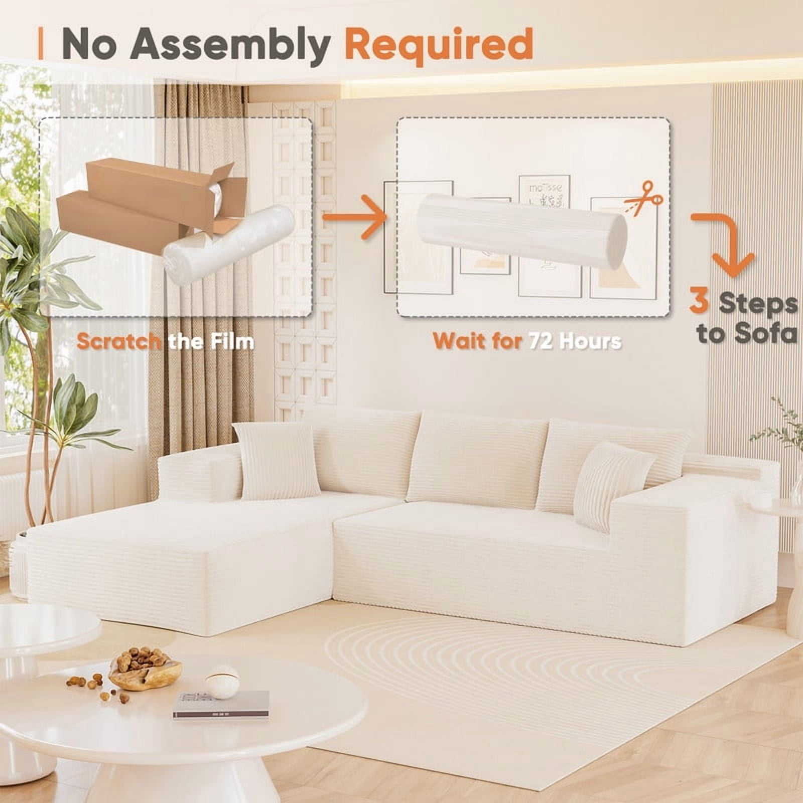 Homall 108" Sectional Sofa Boneless Cloud Couch with L-Shape Chaise Modular Sofa Couch with Deep Seat No Assembly for Living Room,Studio,Apartment,Corduroy Beige