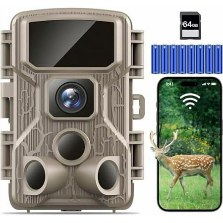 Trail Camera WiFi 4K 64MP with 64GB Memory Card 8 Batteries and Night Vision Ip67 Waterproof 130°Wide Angle 0.1s Trigger Speed Suitable for Outdoor Wildlife Detection Monitoring Game Cam$$Other