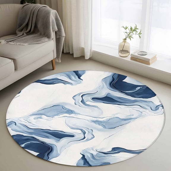 3ft Round Rug, Marble Non-Skid Rubber Backing Large Area Rugs - Living Room Bedroom Home Office, Blue Abstract Neutral Textured Modern Watercolor Indoor Floor Mat Carpets Washable Rug
