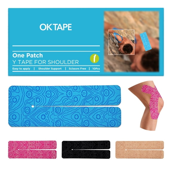 OK TAPE Precut Y-Shape Kinesiology Tape for Shoulder, Knee, Back, 10 Pcs, K Tape Strips, Provide Support & Relieve Discomfort, Water-Resistant Elastic Athletic Tape (3.5" x 10", Blue)