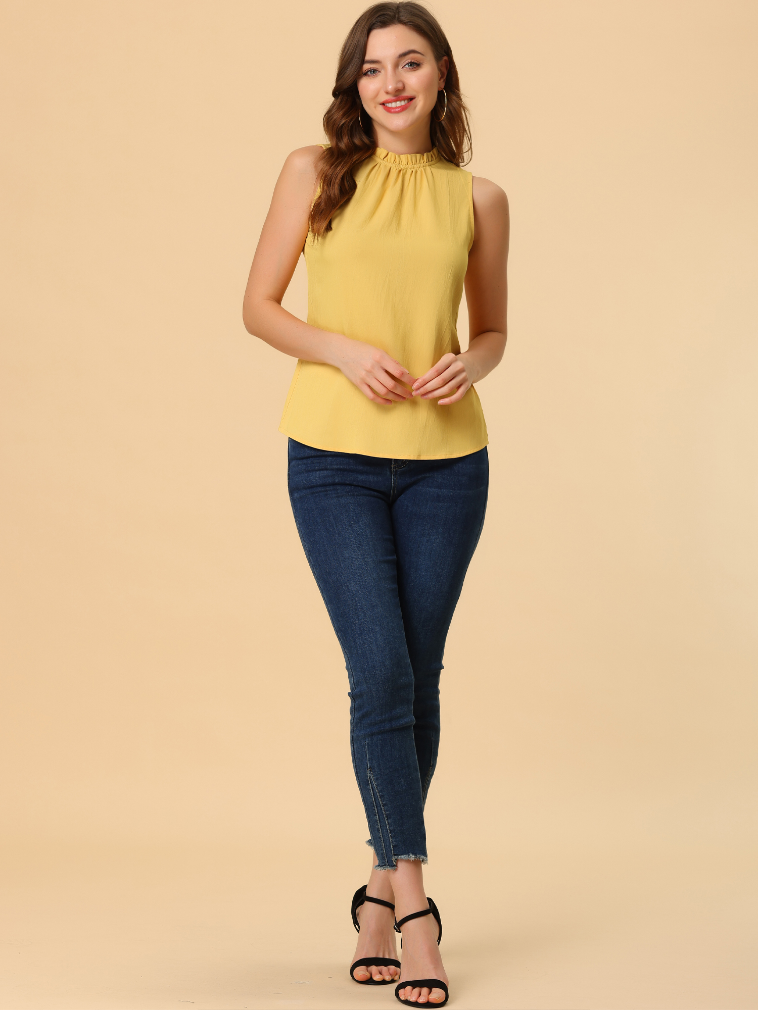 DARING DIVA Mock Neck Ruffle Sleeveless Casual Blouse Top S Yellow