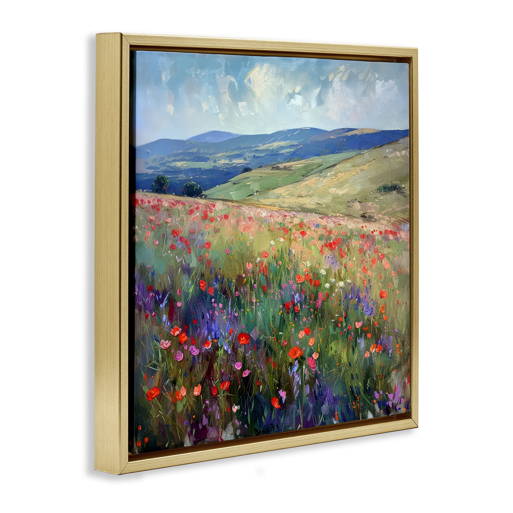 Stupell Industries Rolling Meadow Flowers Landscape & Nature Painting Gold Floater Framed Canvas Art Print Wall Art, 18 x 18