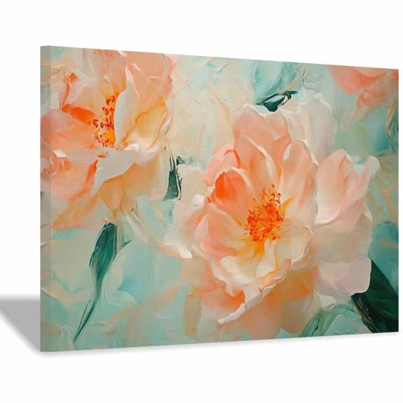 Mudket Framed Canvas Wall Art Blush Peach Peony Flower Mint Green Background Prints Wall Decor Floral Print Ready to Hang for Living Room Bedroom Farmhouse Decor - 12"L x 8"W