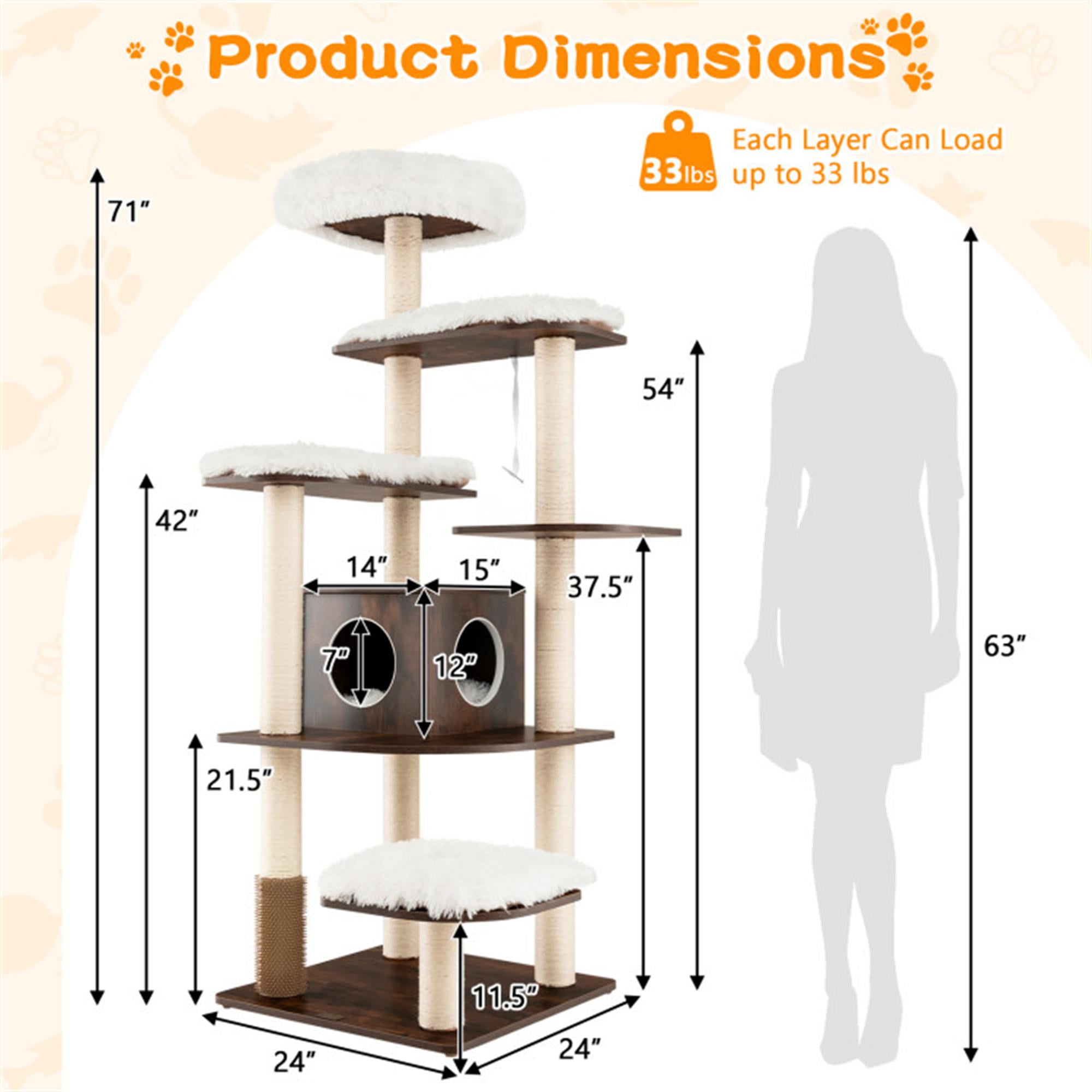 Kadyn 71" Modern Cat Tree Tower for Indoor Cats, Wood Cat Condo with Scratching Post and Removable Pads for Small Large Cats, Brown