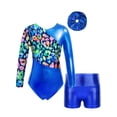 thumbnail image 2 of inlzdz Kids Girls Shiny Metallic Gymnastics Outfits Long Sleeve Dance Leotard with Shorts Hair Band Royal Blue 10, 2 of 9