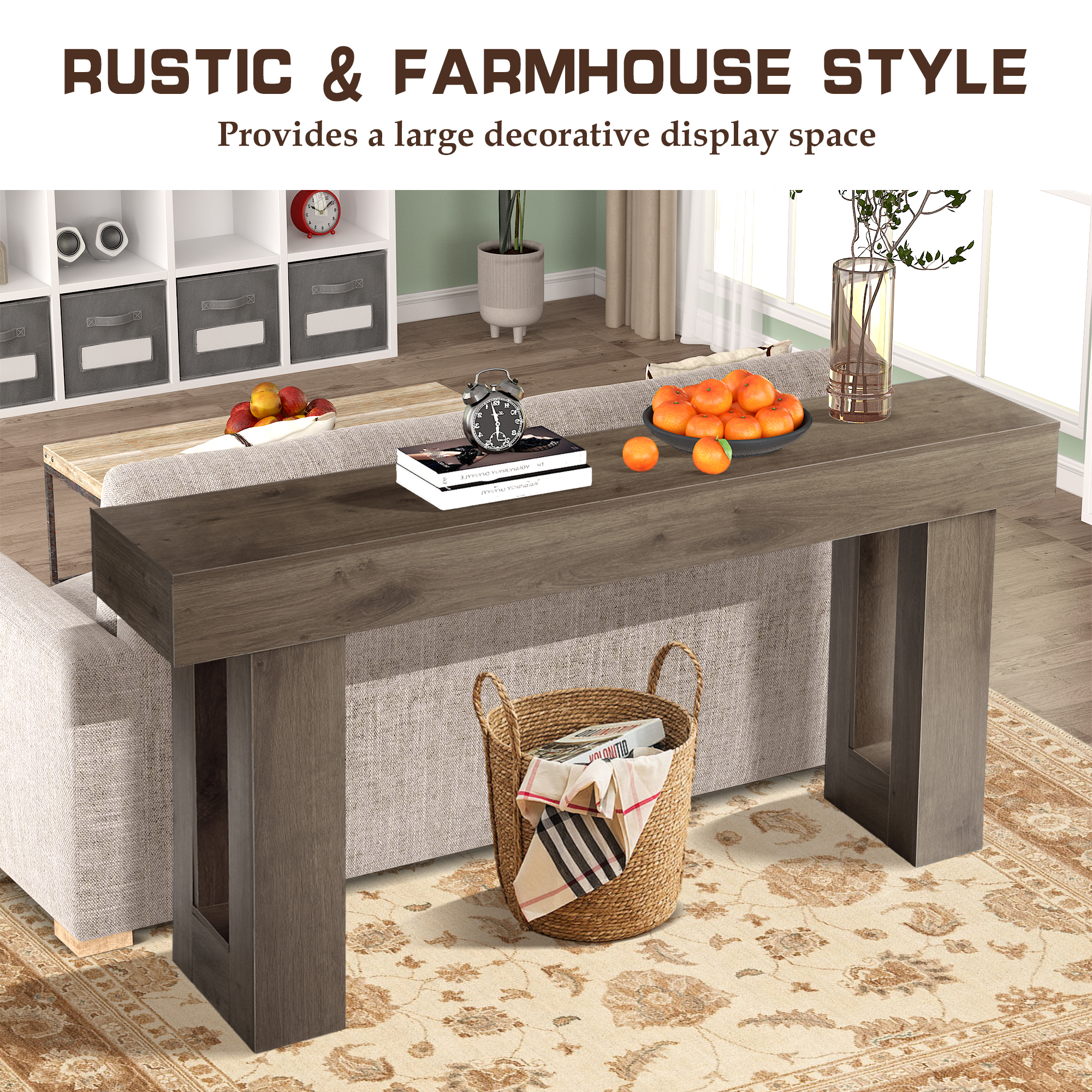 Magic Union 63" Long Console Table for Entryway, Wood Rectangular Sofa Table Behind Couch with 2-tier Open Storage and Weighted Base, Foyer Accent Tables for Entryway, Hallway, Living Room