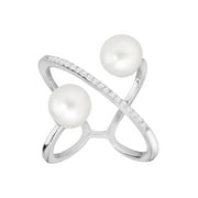 Women's 7-7.5 mm Freshwater Pearl 'x' Bypass Ring with Cubic Zirconia in Sterling Silver