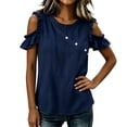 thumbnail image 2 of VBVC Women's Cotton Blend Cold Shoulder Blouse, Ladies' Crew Neck Ruffle Sleeve Top, Casual Button Detail Shirt For Women,Navy,S-2XL, 2 of 7