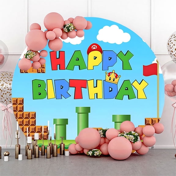 7.2ft Super Bros Game Circle Birthday Backdrop for Party Decoration