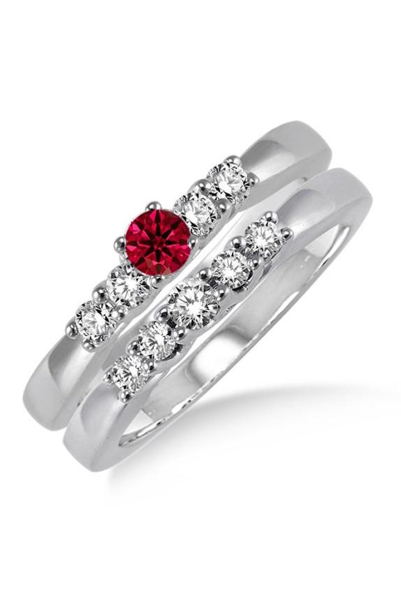 2 Carat Red Ruby Elegant 5 stone Bridal Set on 10k White Gold