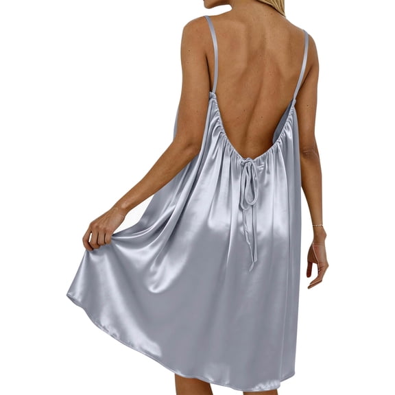 CIENVNSTG Summer Women's Satin Slip Dress Nightgown Low Back Ruched Cocktail Dress Elegant Long Slip Satin Midi Dress Gray M