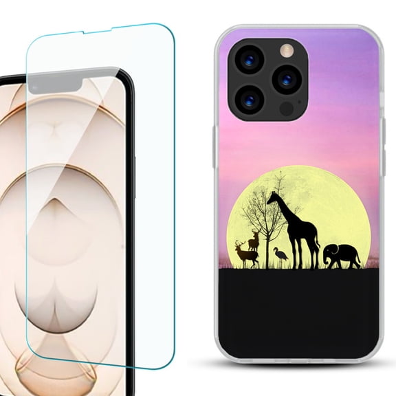 Slim-Fit Anti-Scratch Gel TPU Phone Case for iPhone 13 Pro, with Tempered Glass Screen Protector, by OneToughShield ® - Moonlight Safari