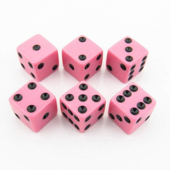 Pink Opaque Dice with Black Pips D6 16mm (5/8in) Pack of 6 Koplow Games