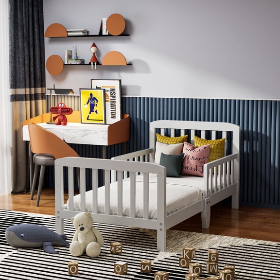 Fizzy Baby Classic Toddler Bed with Rails Wooden Beds for Kids, White