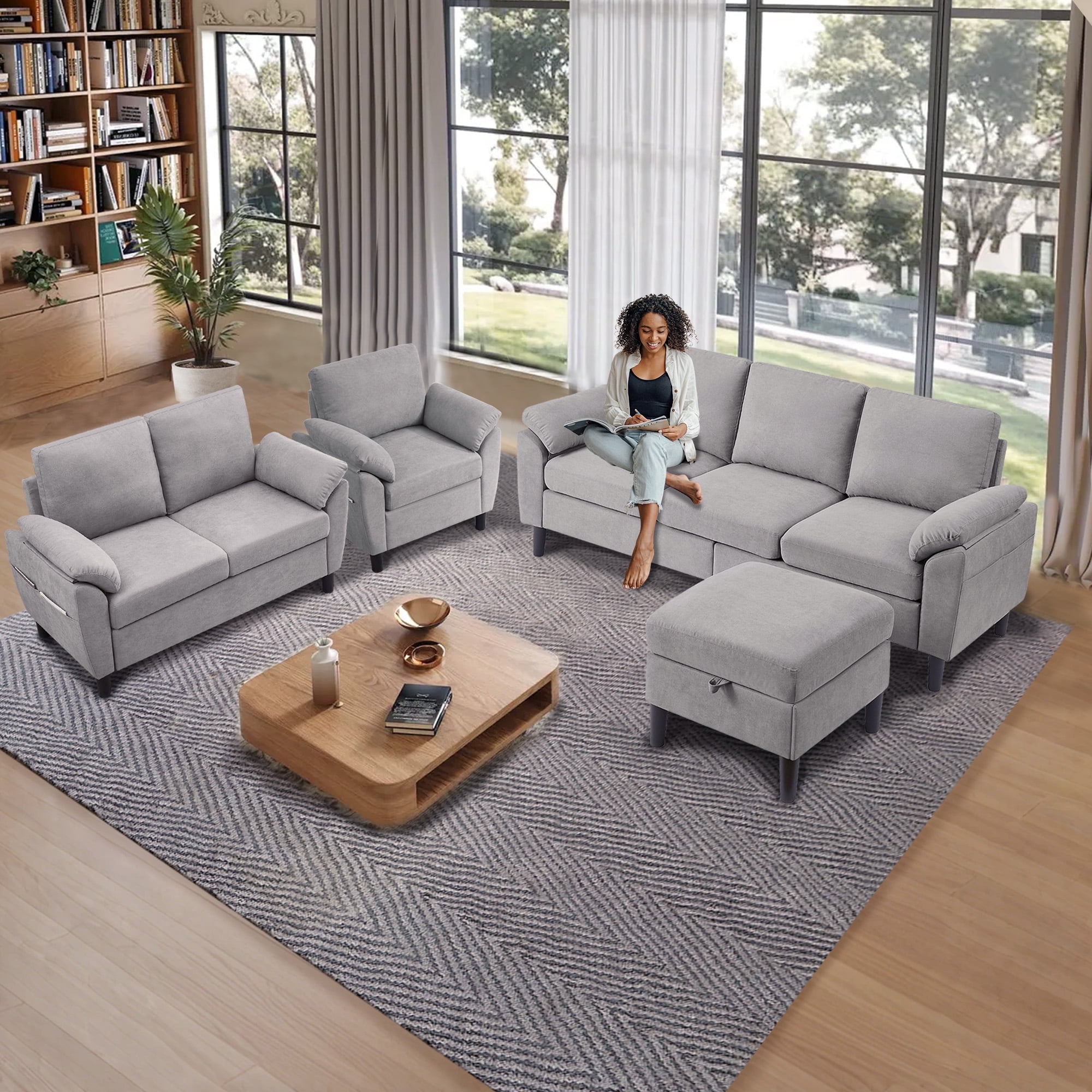 Jarenie Chireca 4 Piece Convertible Sectional Sofa Set, Modern Linen Small L Shaped Couch with Reversible Chaise, 3-Seater Sofa & Loveseat & Armchair for Living Room, Office, Apartment, Lightgrey