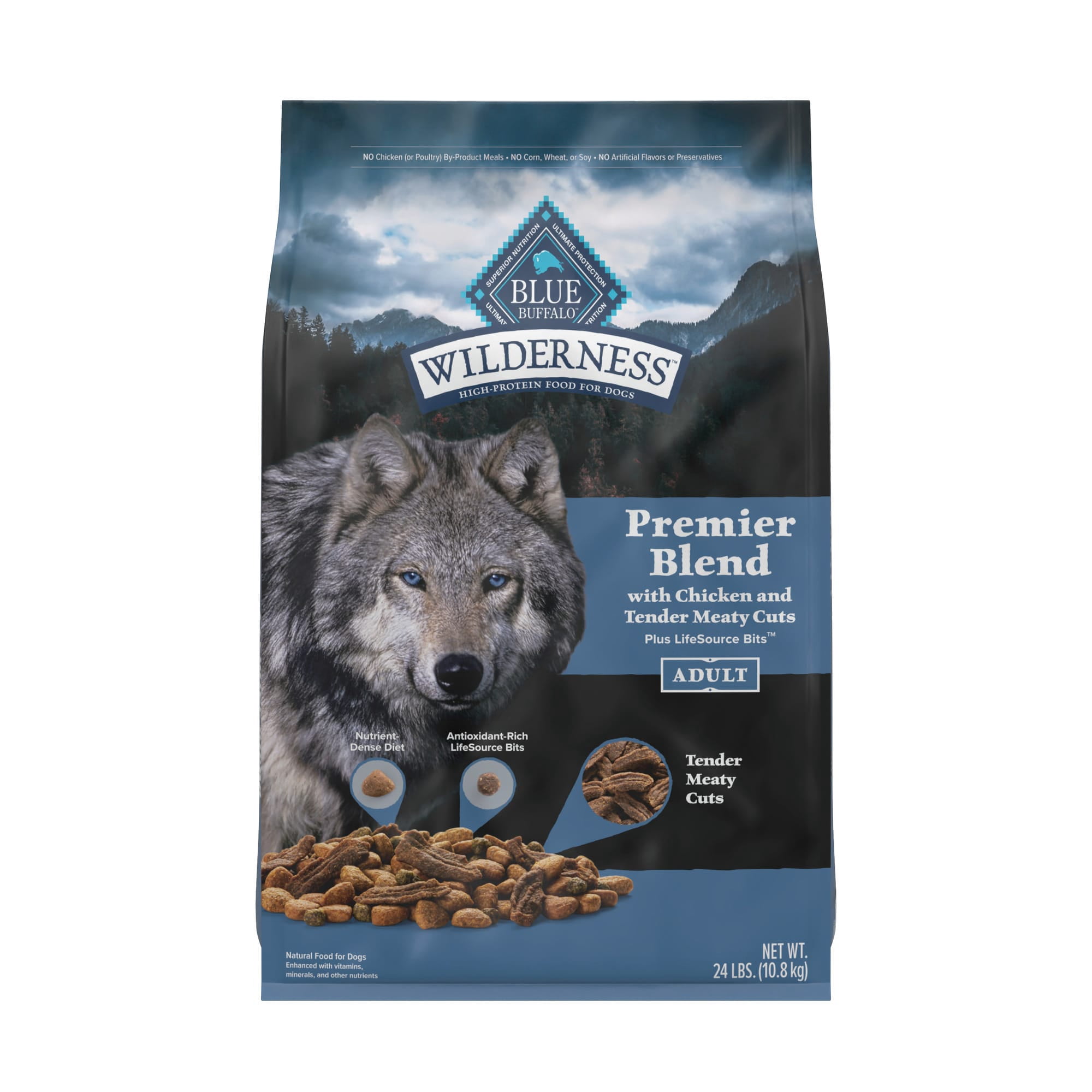 Blue Buffalo Blue Wilderness Premier Blend with Meaty Cuts Adult Chicken Dry Dog Food, 24 lbs.