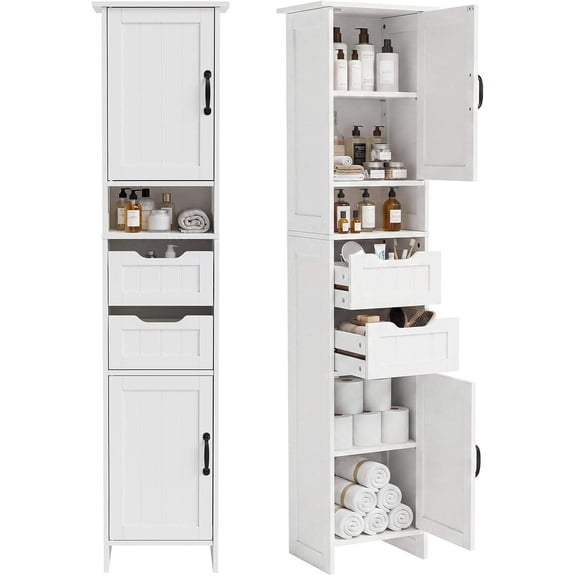 67" Tall Narrow Bathroom Storage Cabinet with 2 Doors, 2 Drawers & 2 Adjustable Shelves, White
