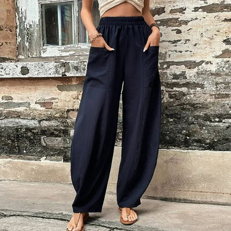 Womens Wide Leg Lounge Pants with Front Pockets Solid Color Loose Trousers  Fashion Plus Size Casual Beach Pants (XX-Large, Navy)