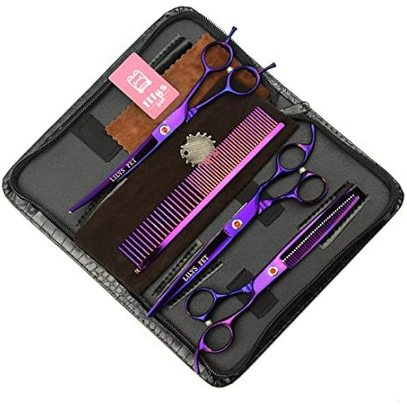 Saluqifa Professional PET Grooming Scissors Kit,Coated Titanium,Sharp and Strong Stainless Steel Blade for Dogs Cats Hair Cutting,3 Pieces of Scissors with a Comb and a Case (7.5 inches, Purple)