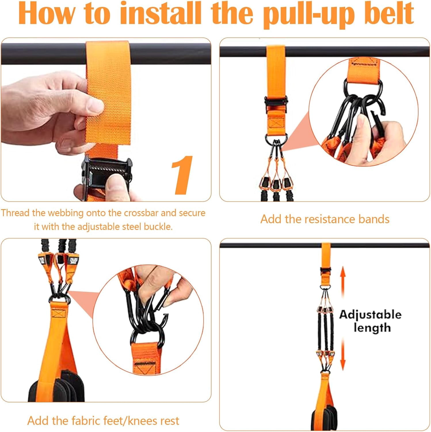 Pull Up Assistance Bands, Heavy Pull Up Bands with 3 Resistance Bands, Resistance Bands for Pull Ups Working Out with Feet Rest,Height Adjustable(Orange)