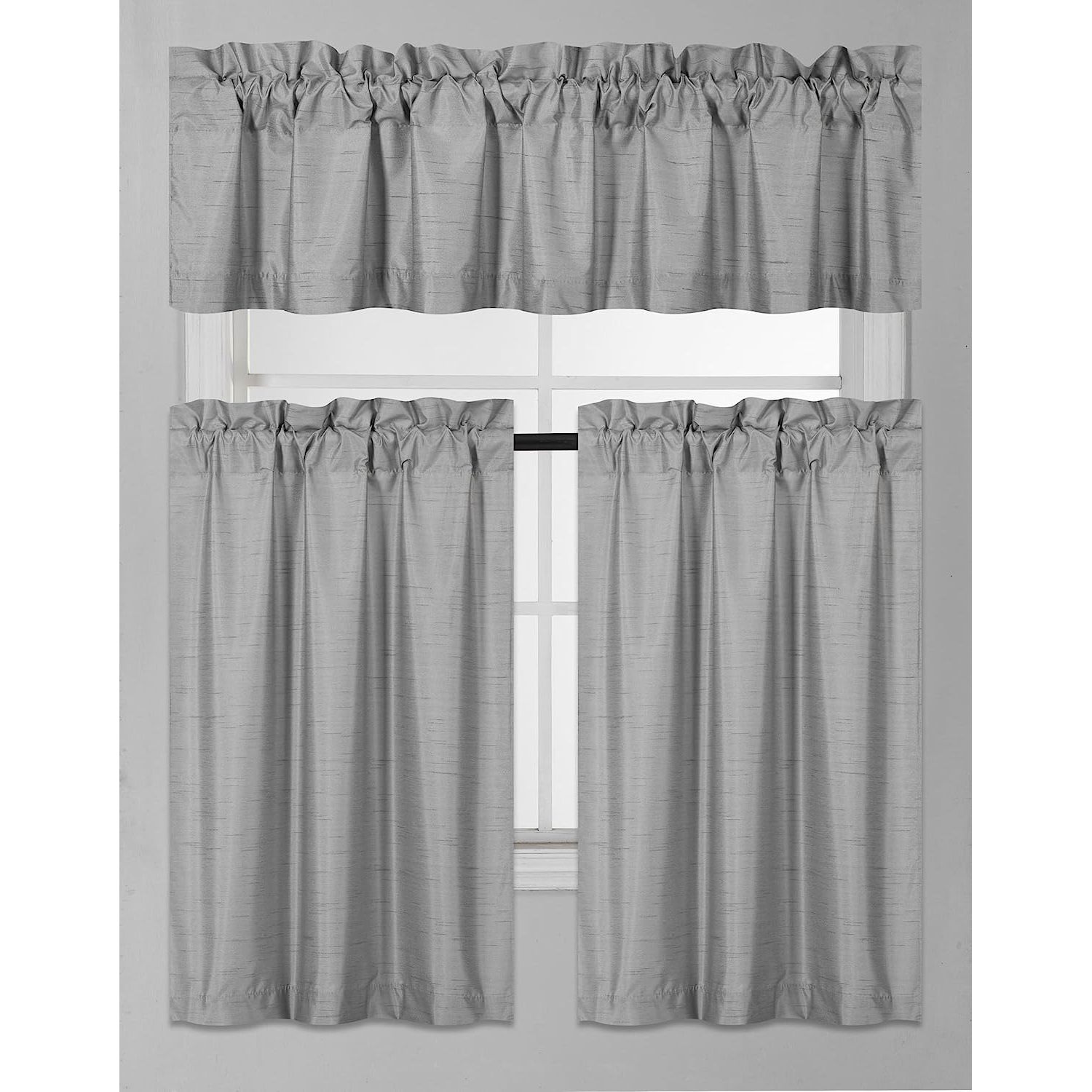 WBTAYB (K3) 3 PC Kitchen Window Valance Tier Curtain Faux Silk Panels