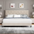 thumbnail image 2 of YUSAZENS Queen Size Platform Bed Frame with Upholstered Headboard - Wood Slat Support, No Box Spring Needed, Easy Assembly, Beige, 2 of 6