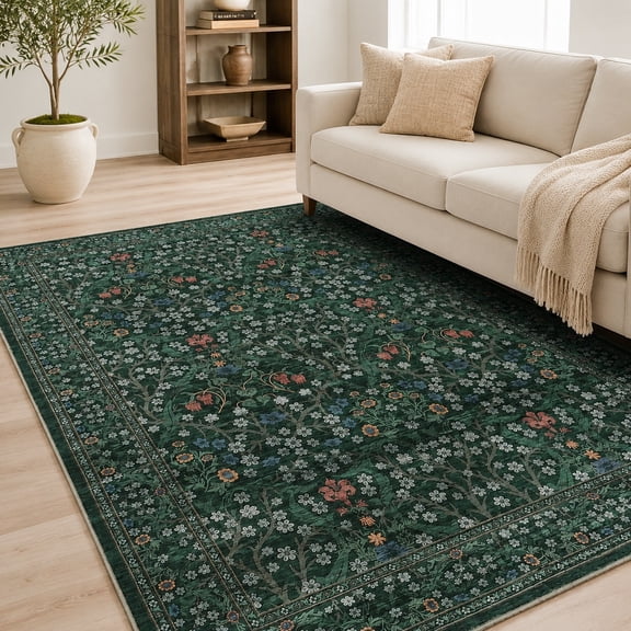 Floral Area Rug 5x7, Washable Low Pile Non Slip Stain Resistant Carpet Mat for Living Room, Bedroom, Dining Room, Office, Dark Green Boho Farmhouse