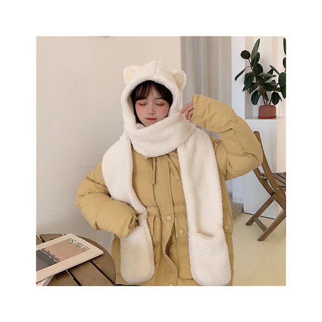 Bufanda con capucha y orejas de gato 3 en 1 para mujer, cálida y esponjosa, gorro, guantes y manoplas, color blanco