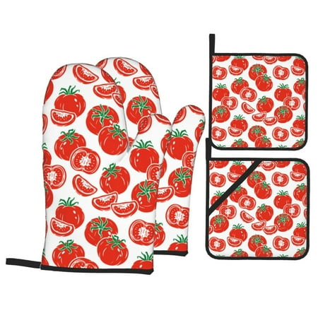 

Oven Mitts and Pot Holders 4 pcs Set Cute Red Tomato Heat Resistant Silicone Oven Mitts Pot Holders for Kitchen Baking Cooking Non-Slip Oven Gloves Hot Pads Potholders