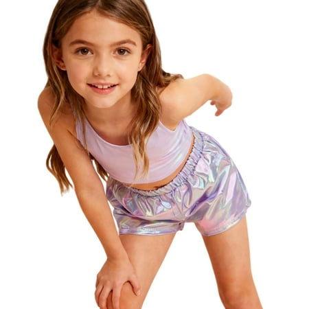 Xijirk Girls Shorts Performance Shorts Glitter Shiny Metallic Stage Dance Party Outfit Clothing Kids Shorts for Festive Celebration Shorts for Girls Light Purple 6-7 Years