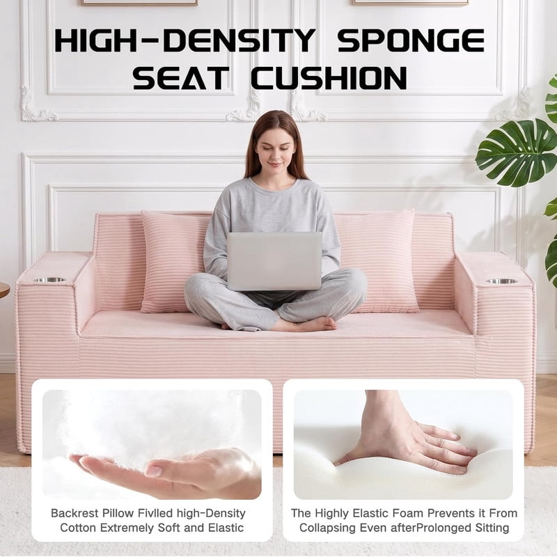 75'' Modern Boneless Loveseat Sofa Couch with 2 Cup Holders & 2 Pillows for Living Room, Corduroy Love Seat Couches with Deep Seat