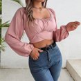 thumbnail image 6 of adaychics Cropped Blouses for Women Square Neck Ruched Lantern Long Sleeve Tie Back Crop Top Blouse for Vacation, 6 of 7