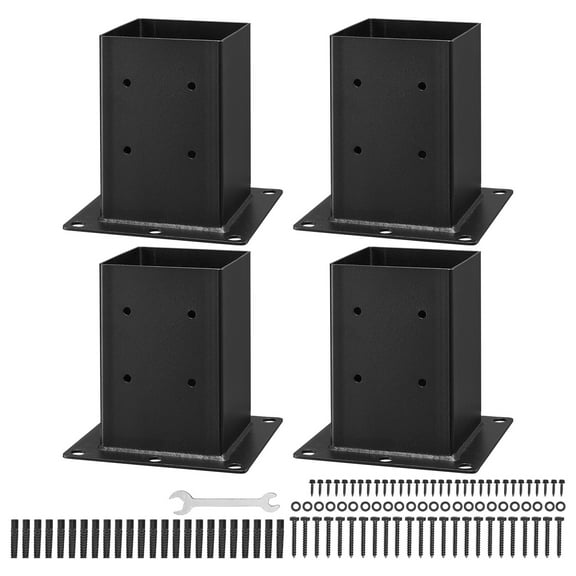 KFFKFF 6x6 Post Base Set of 4, Inner Dimensions 5.6x5.6 inch / 142x142 mm, Durable Carbon Steel Brackets for Decking, Wood Post Support, Pavilion Deck Railing, and Base Plate Applications, Black