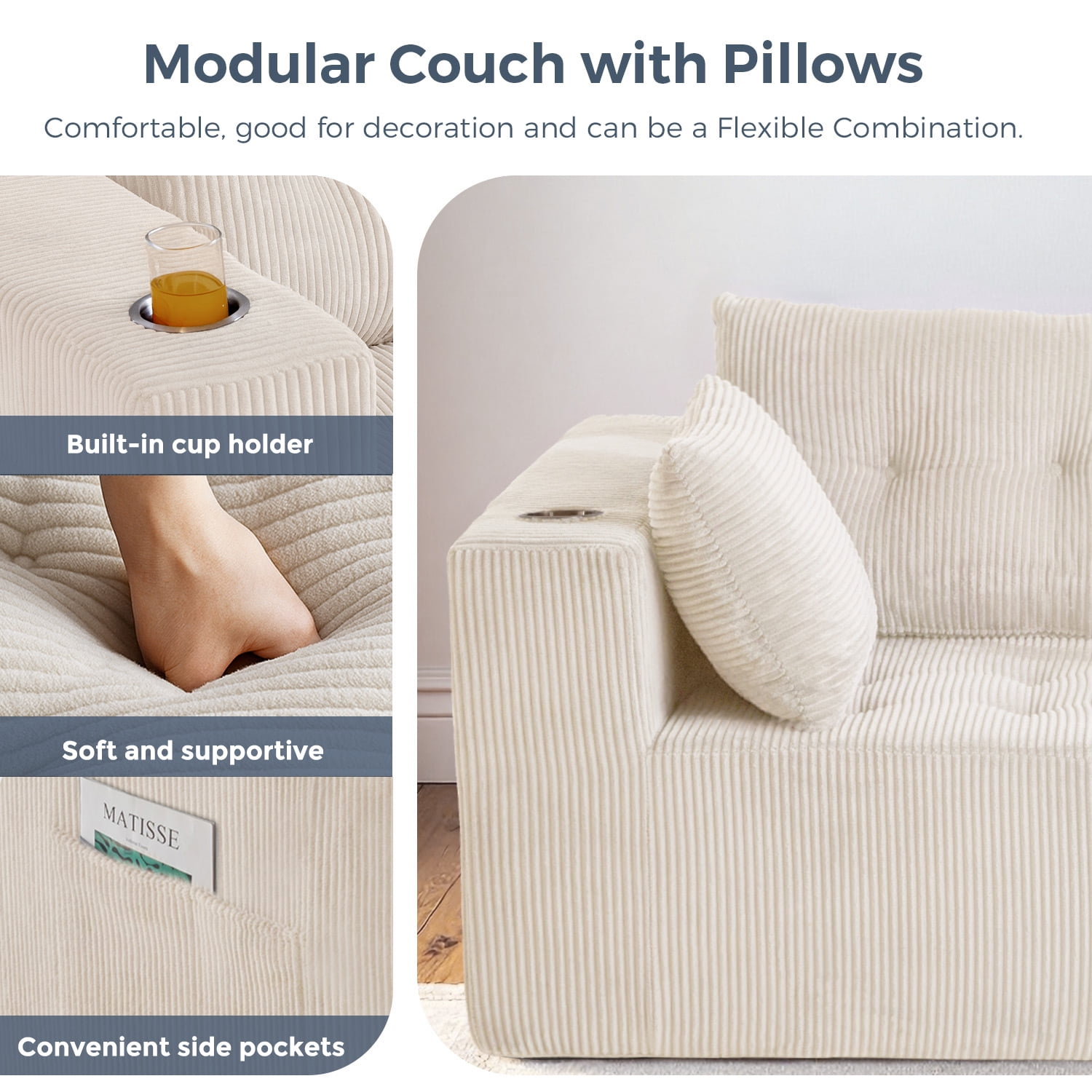 BYBYME 73"Oversized Loveseat Couch,2 Seat Sectional Corduroy Tufted Sofa,Upholstered Symmetrical Cloud Couch with Double Chaise,Wrap Around Sofa for Living Room Apartment Office,Sofa in A Box,Beige
