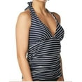 thumbnail image 2 of TOMMY HILFIGER Women's Navy Striped Ruched Removable Cups Deep V Neck UV Protection Halter Tankini Swimsuit Top M, 2 of 3