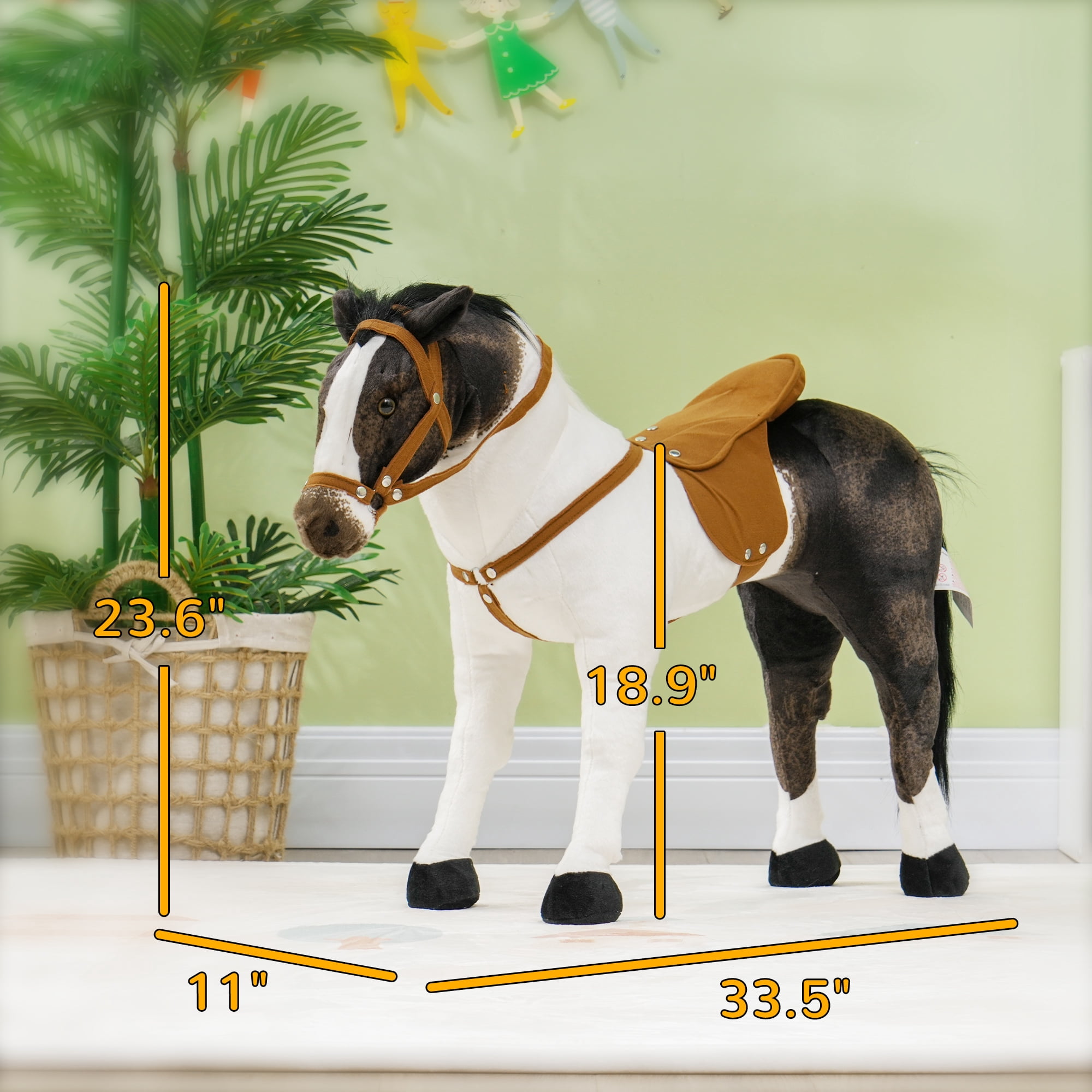 Qaba Ride on Horse for Toddlers 3-8 Years Old, Riding Horse with Neighing Sound, Stuffed Animal Horse Toy for Kids with Padding, Brown