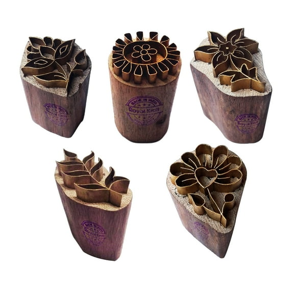 Royal Kraft Floral Brass Wooden Printing Stamps (Set of 5) - DIY Clay, Pottery Blocks BHtag0002