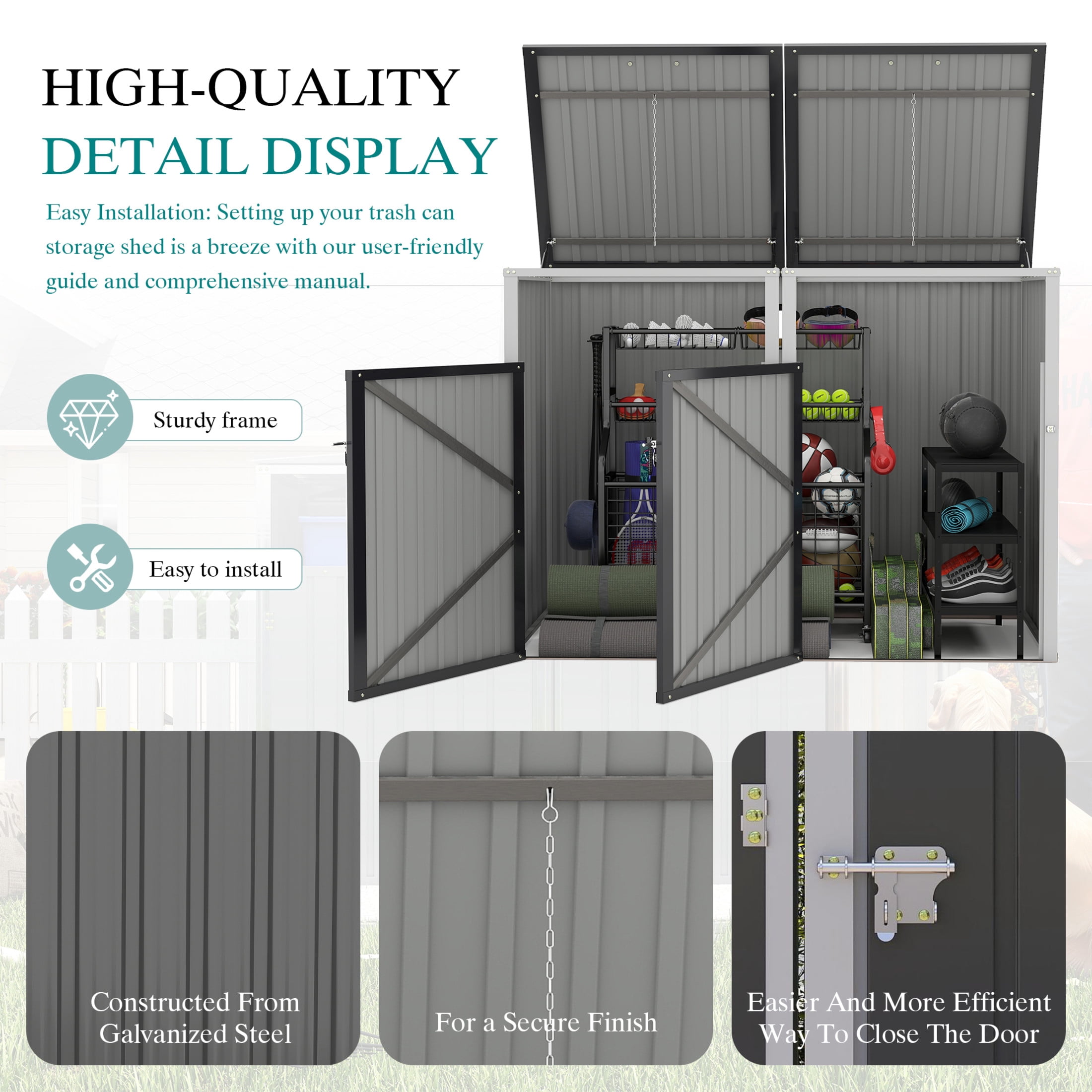 Noble House Outdoor Garbage Bin Shed for 2 Trash Cans, Lockable Galvanized Steel Garbage Bin Enclosure, Dark Gray