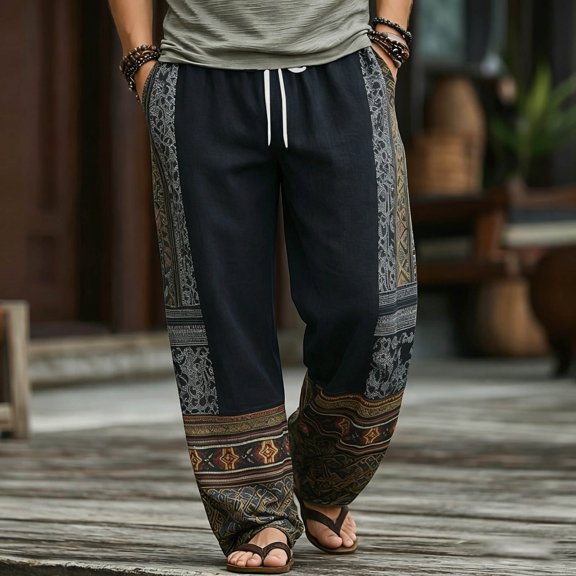Tsivenald Linen Pants Men Baggy Harem Vacation Trousers Ethnic Printed Patchwork Breathable Loose Fit Mens Bohemian Beach Bottoms