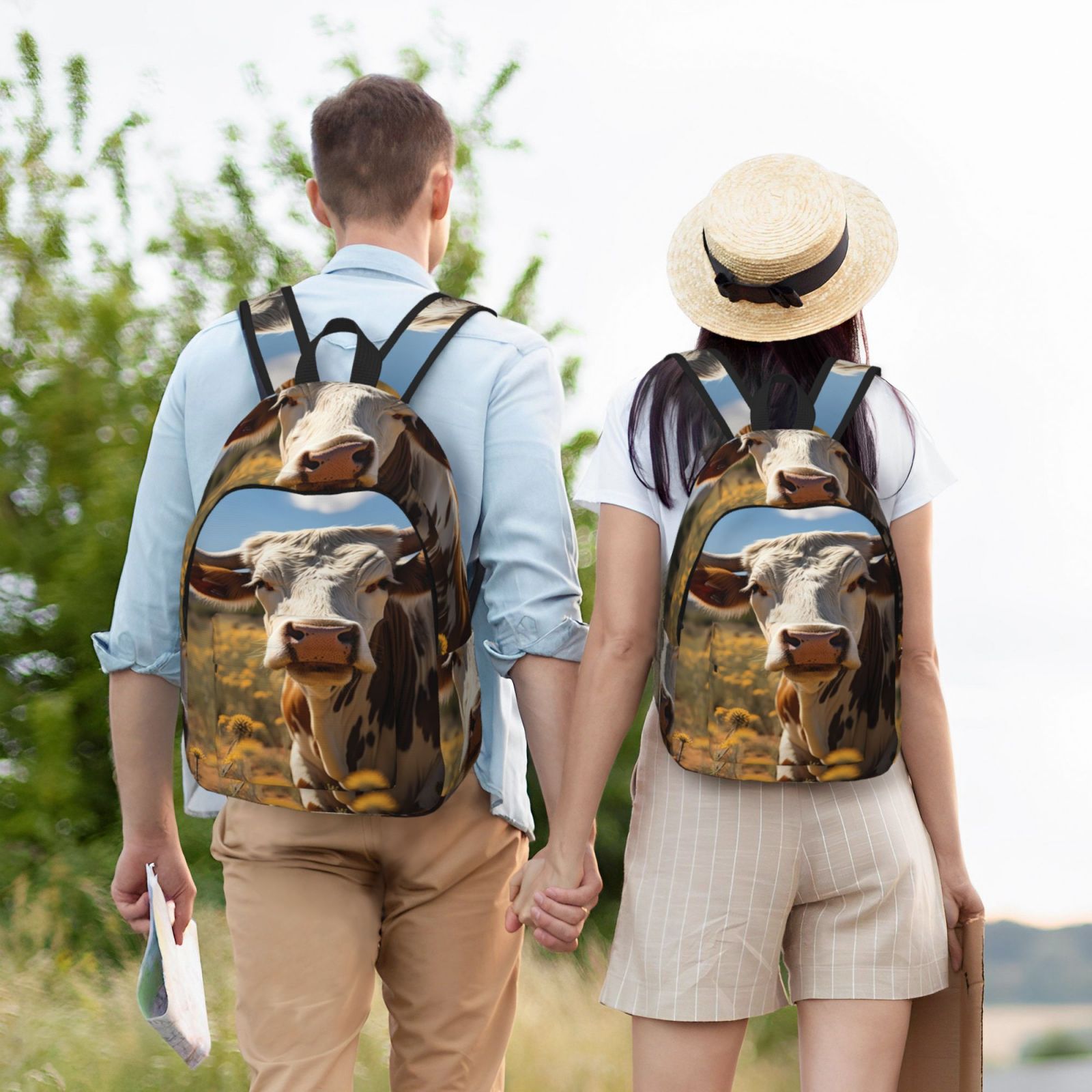 Vsdgher Countryside Flower Cow Print Canvas Backpack Travel Rucksack Unisex Knapsack 15.7/17.7Inch Laptop Backpack for Work,College -Small