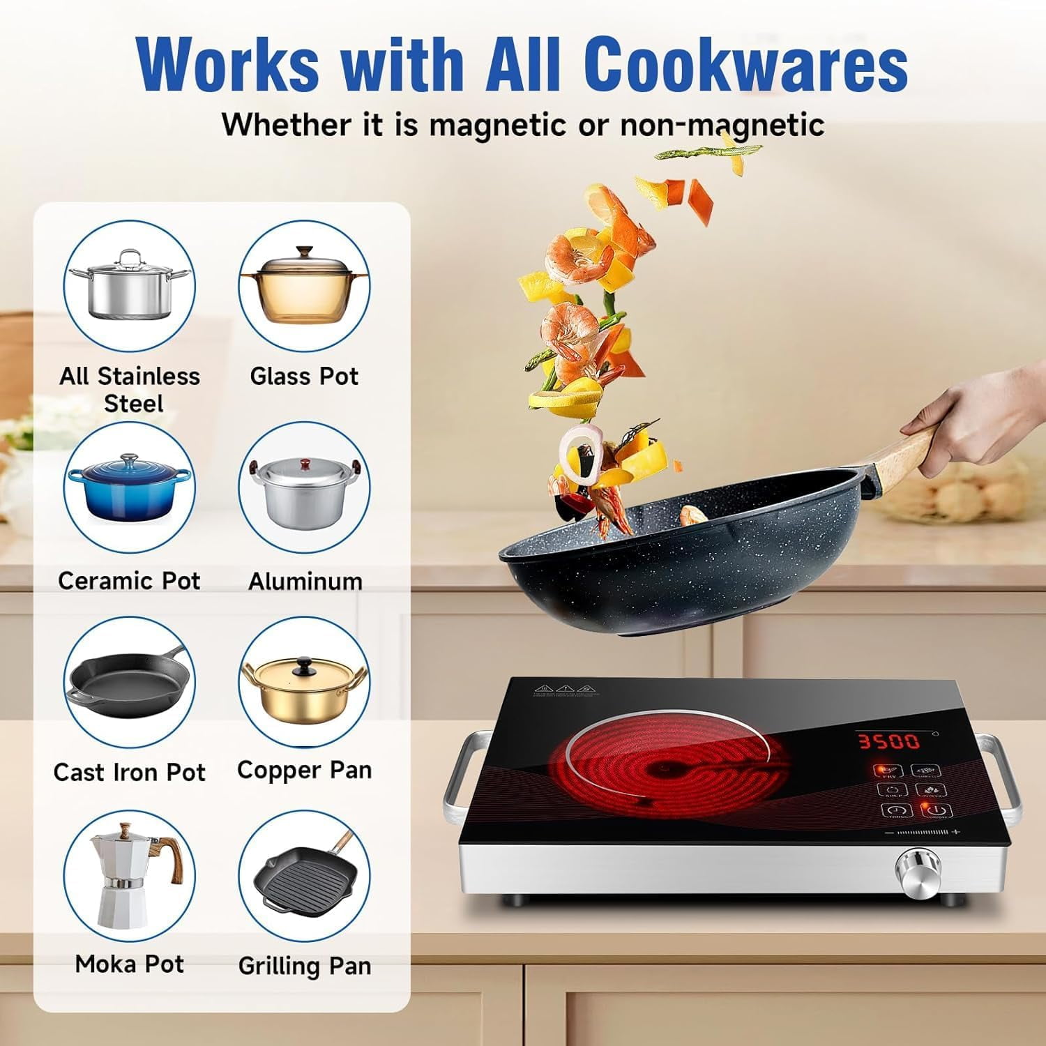 TYEMUI Electric Hot Plate Single Burner for Cooking, Portable Countertop Free Standing Stove Single Burner, 2200 watts Glass Ceramic Cooktop with Timer