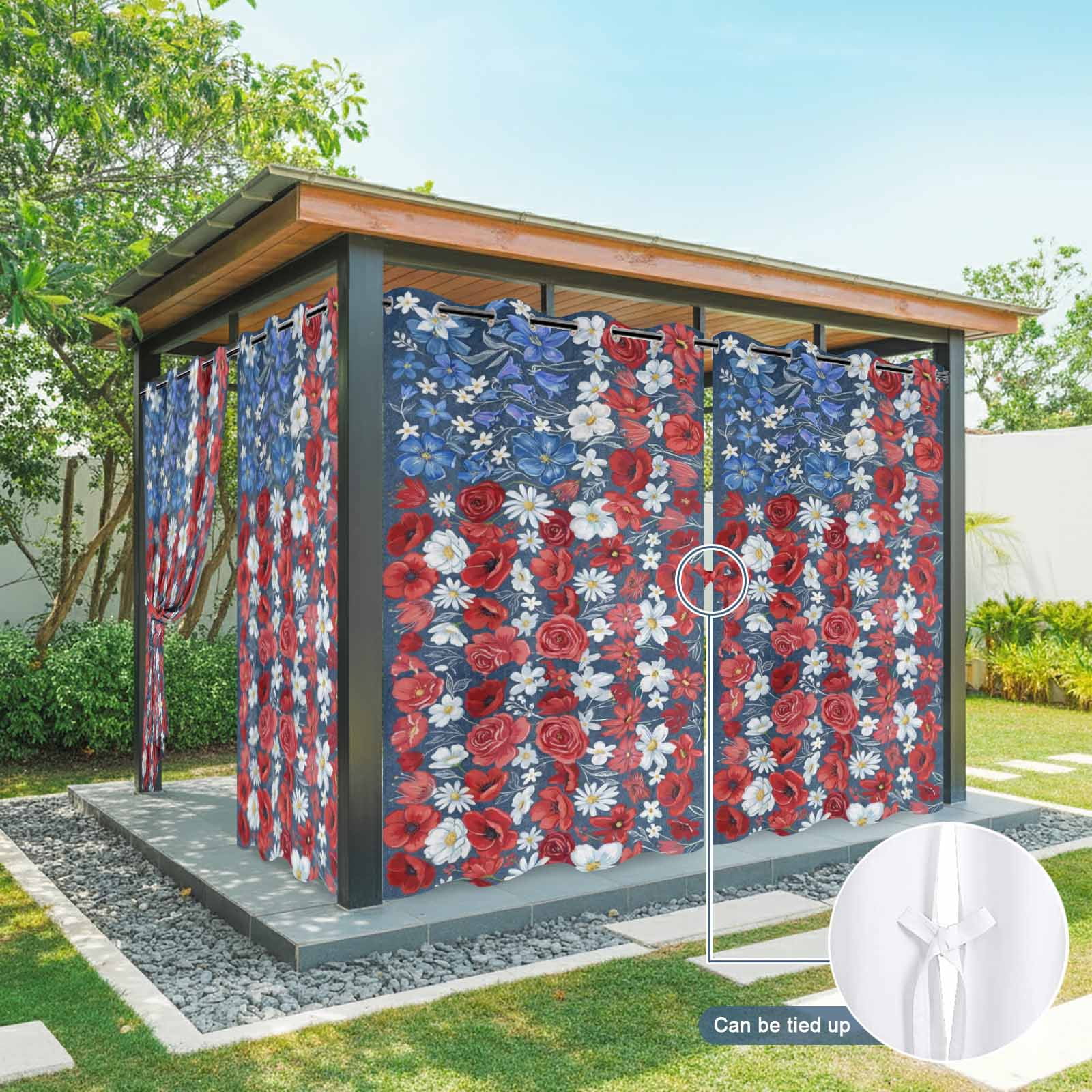 Independence Day Outdoor Curtains for Patio, Patriotic U.S. Flag Style Blue Red Flowers Sunshade Privacy Drapes Grommet Waterproof Outside Curtains for Porch/Cabana/Balcony 54"x 108", 1 Panel