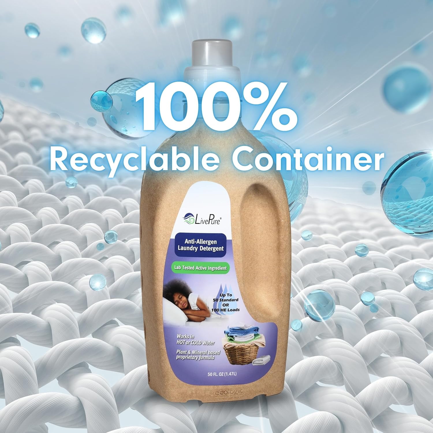 LivePure Anti-Allergen 50 OZ Laundry Detergent for Dust Mites, Pet Dander, Allergies.